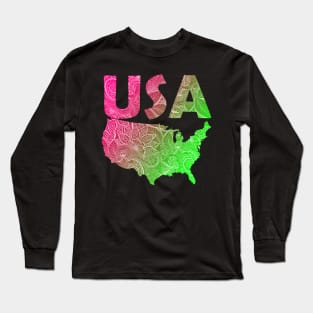 Colorful mandala art map of the United States of America with text in pink and green Long Sleeve T-Shirt